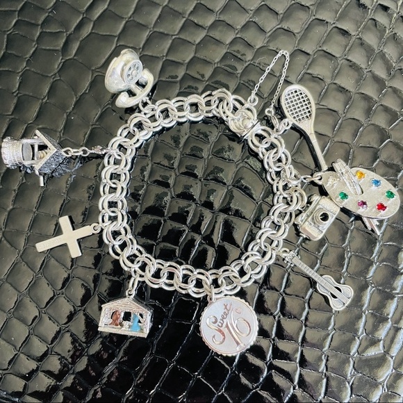 Sterling Silver Bracelet W/ 9 Charms by Danecraft, Monet, Wells SPORTS A… - Picture 1 of 10